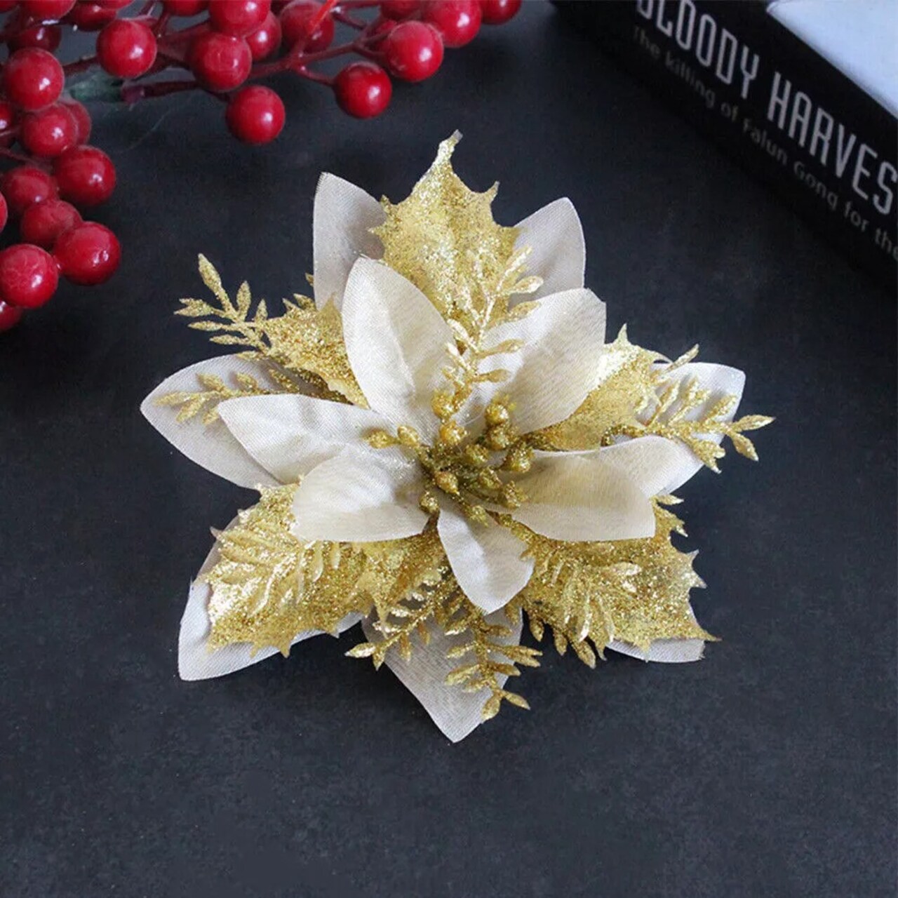 10pc Glitter Christmas Flowers Artificial Poinsettia Xmas Tree Ornaments